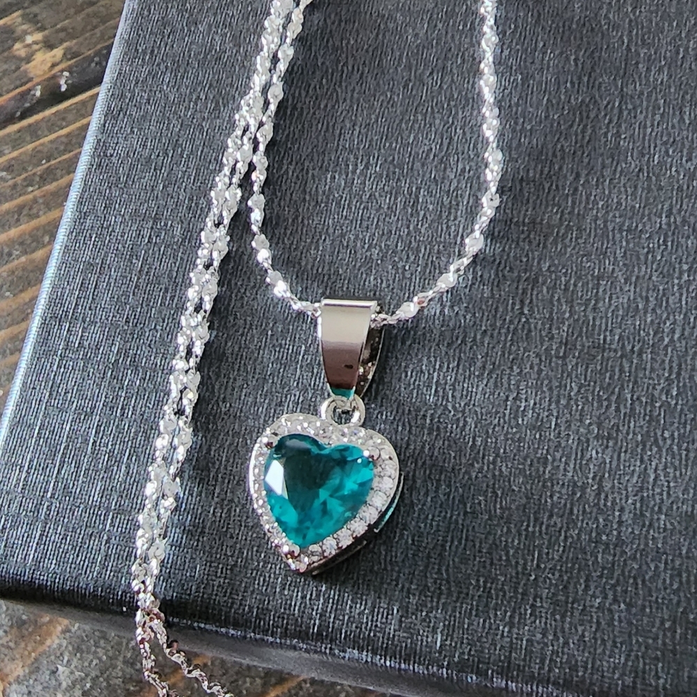 New 925 Sterling Silver Aquamarine Heart Pendant White Topaz accents necklace - Picture 2 of 11